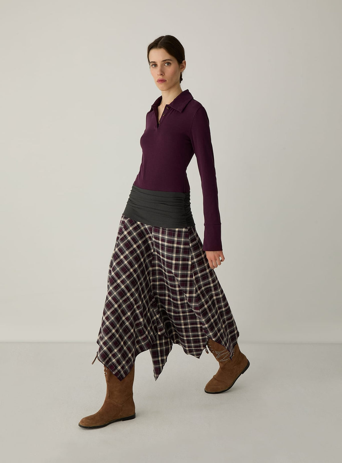 Robe midi Shantel prune à carreaux Laagam, col polo - photo 1