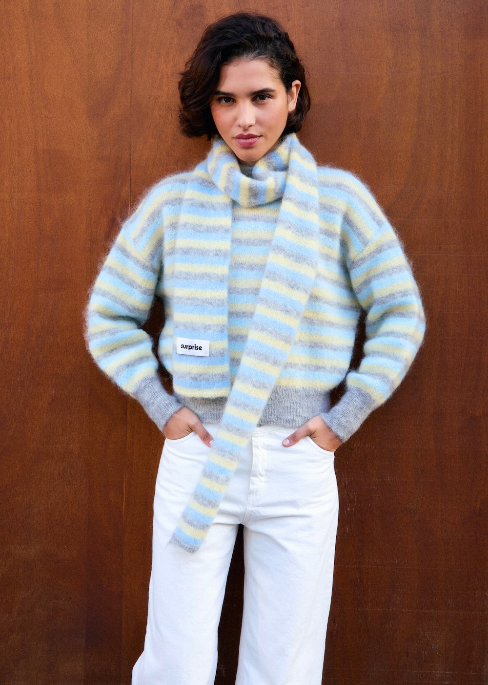 Écharpe Iris en mohair rayures gris, bleu et jaune Surprise - photo 1