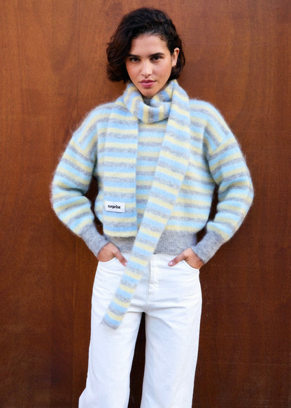 Écharpe Iris en mohair rayures gris, bleu et jaune Surprise - photo 1